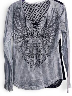 Affliction vintage Gray Lace-Up Studded mesh crochet Graphic Top